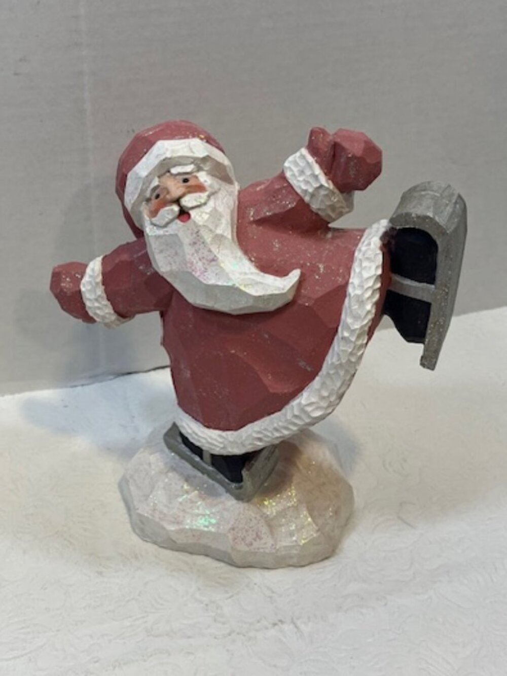 VTG Skating Glittered Santa Claus Carved Figurine Stylized Folk Art 4"x8"x3.5"